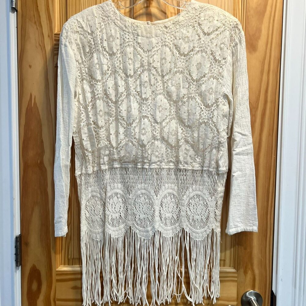 Vintage Choon California Lace Fringe Blouse Top Cream Ivory Boho Crochet Sz 16